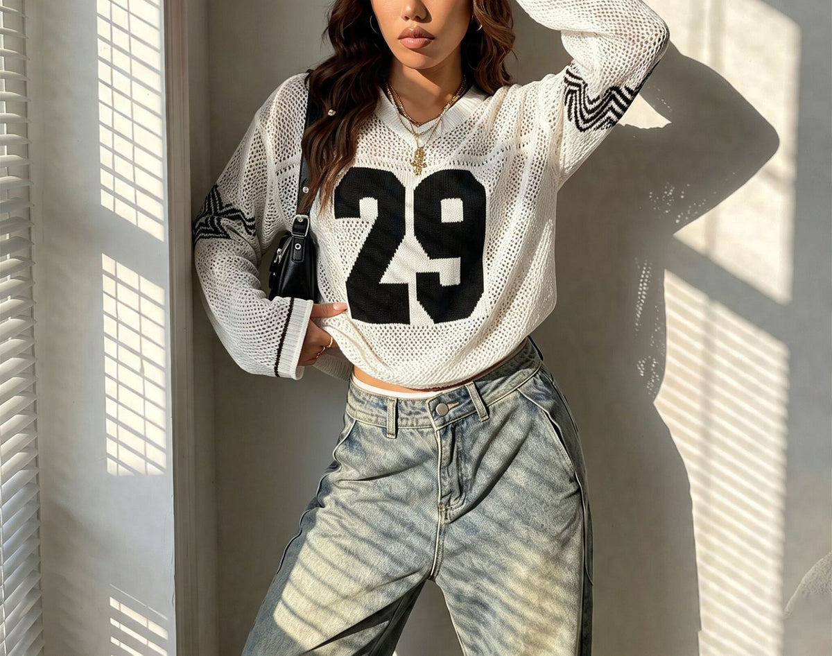 Women's Oversized Graphic Number Mesh Sweater Streetwear