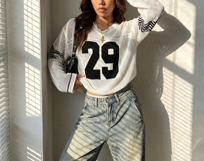 Women's Oversized Graphic Number Mesh Sweater Streetwear