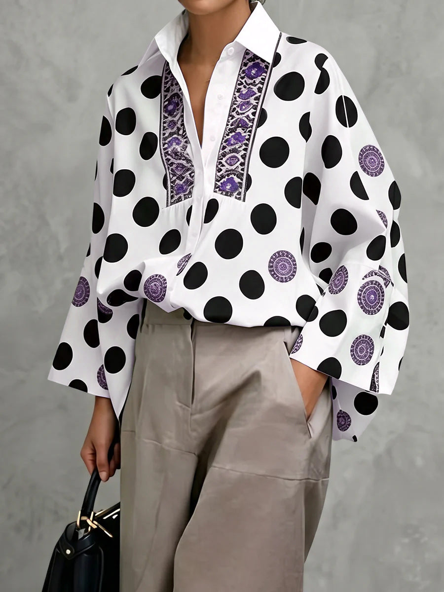 Polka Dot Collared Blouse Long Sleeve Loose Fit