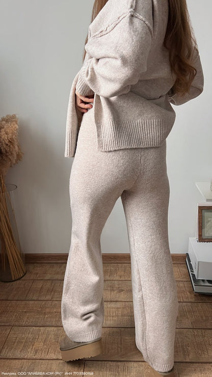 Knit Turtleneck Lounge Set with Wide Leg Pants