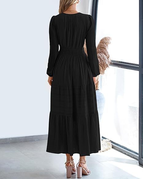 Women's V-Neck Long Sleeve Tiered Maxi Smocked Cotton Dress