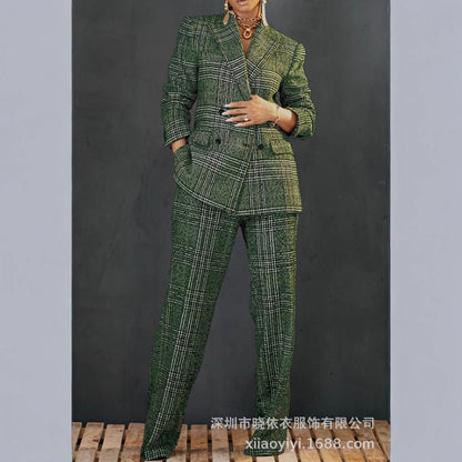 Women's Plaid Blazer & Pants Matching Cotton Linen Set