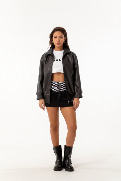 Womens Oversized Faux Leather Jacket Zip Up Casual
