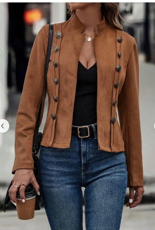 Women's Vintage Suede Jacket Double Breasted Long Sleeve