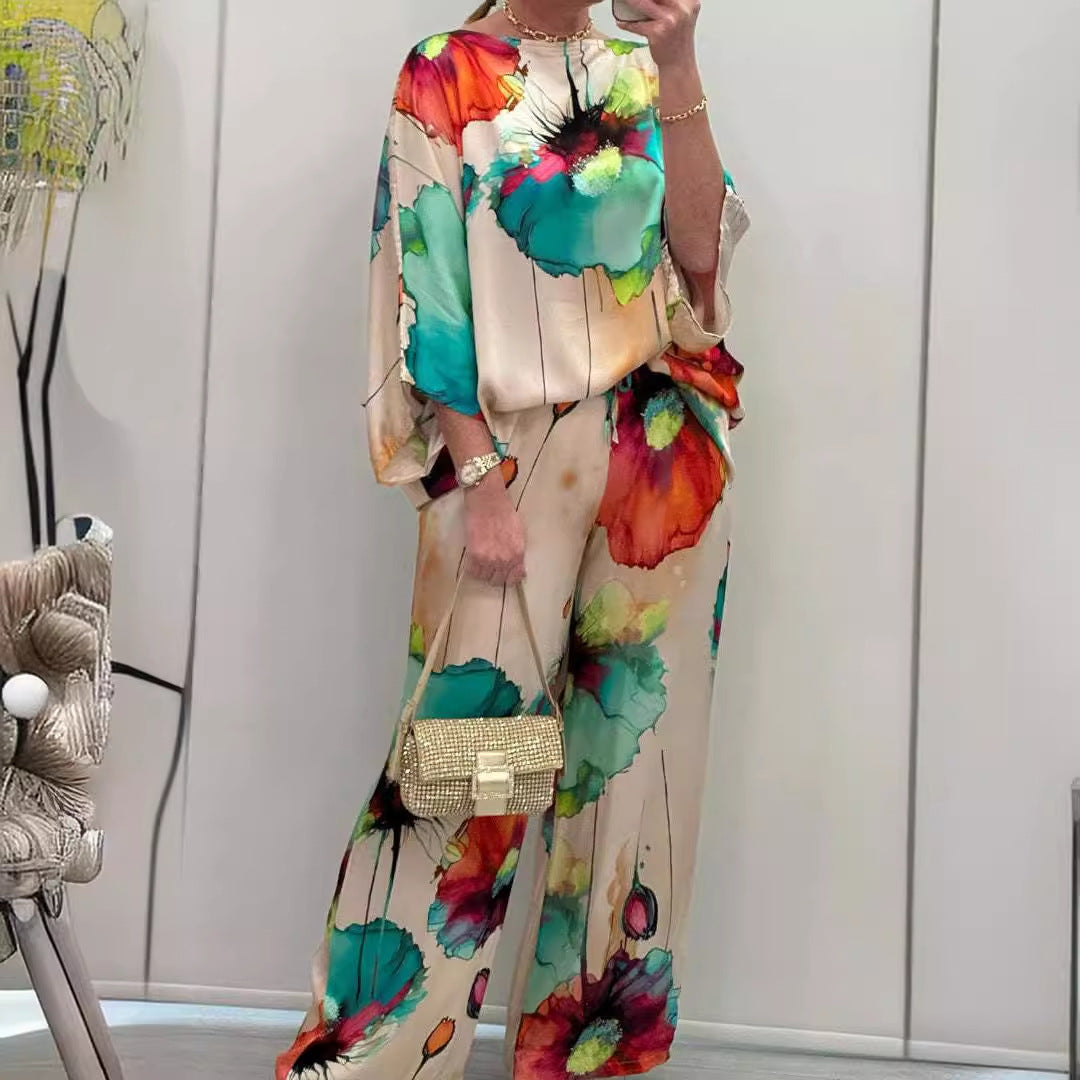 Women's Satin Floral Batwing Wide Leg Pants Set