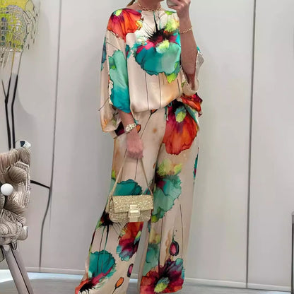 Women's Satin Floral Batwing Wide Leg Pants Set