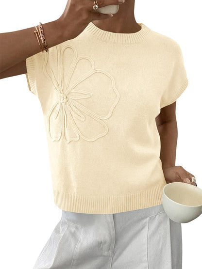 Floral Knit Sweater Short Sleeve Textured Summer Top