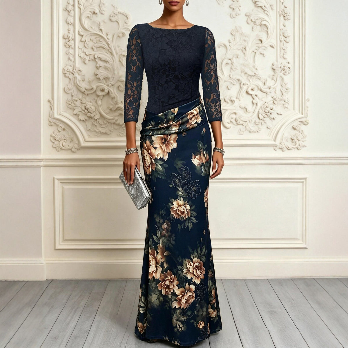 Navy Floral Lace Maxi Dress Wedding Guest
