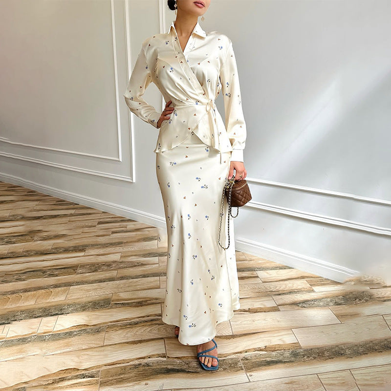 Women's Floral Long Sleeve Tie Waist Top & Maxi Skirt Set
