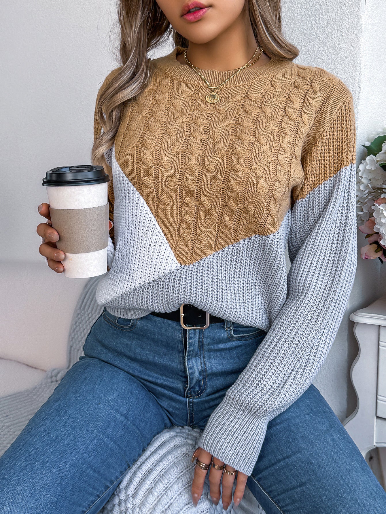 Colorblock Cable Knit Sweater – Casual Fall Winter Pullover