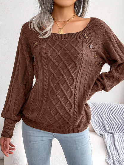 2025 Fall Winter Casual Square Neck Button Detail Cable Knit Sweater