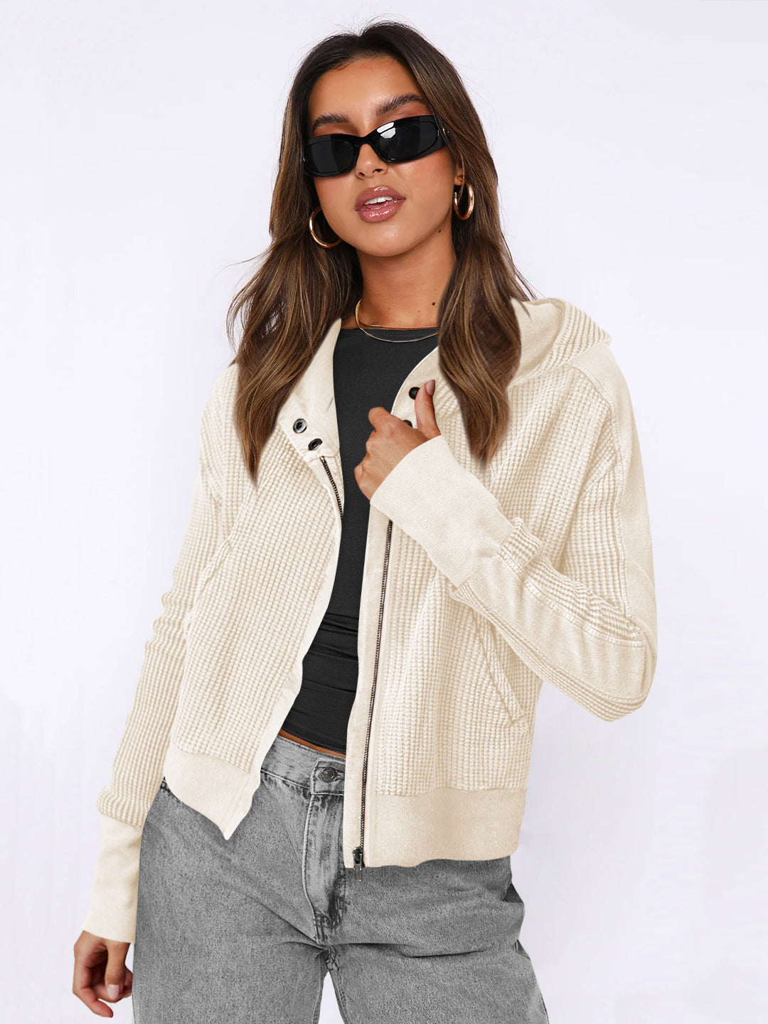Hooded Zipper Sweater, Spliced Lazy Style Knitted Jacket