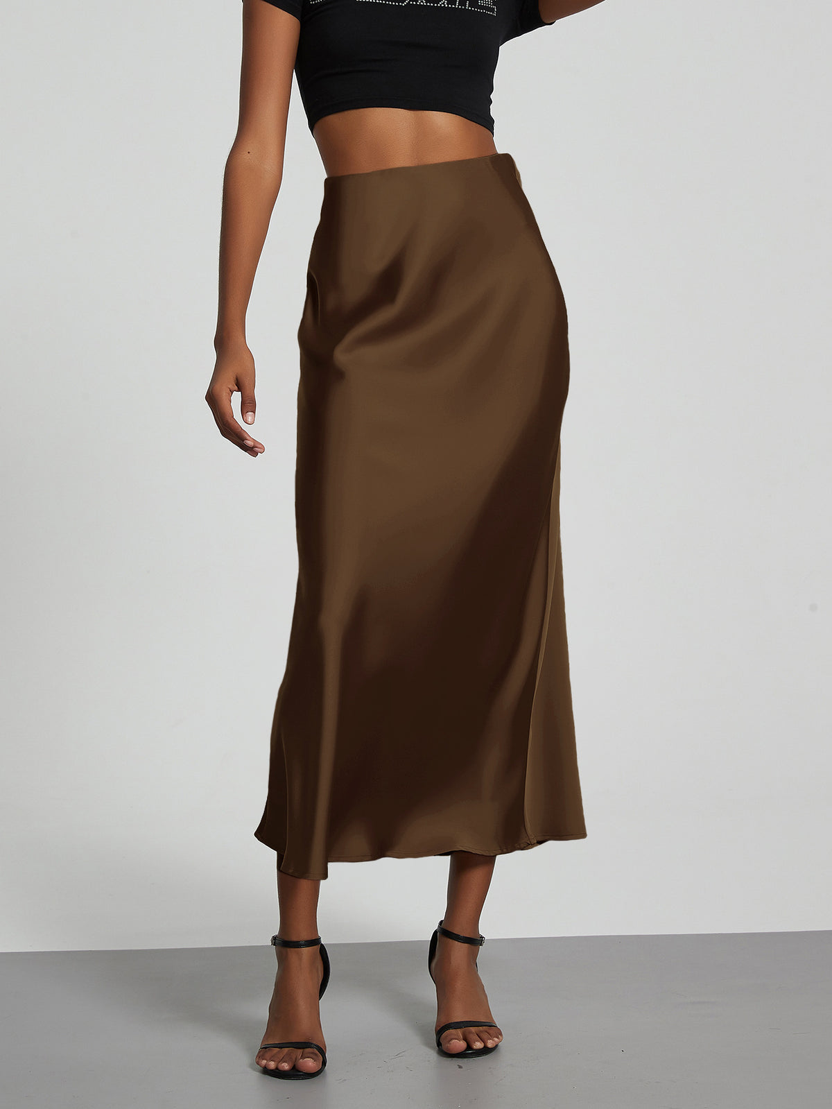 Women's Satin Midi Skirt High Waist Silky Flowy Elegant