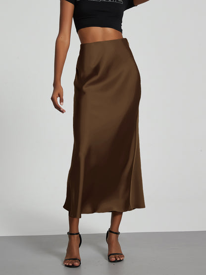 Women's Satin Midi Skirt High Waist Silky Flowy Elegant