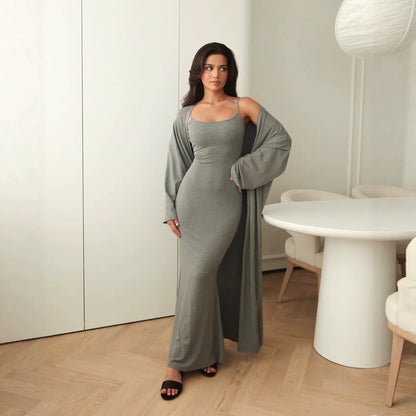 Women's Two Piece Maxi Dress and Long Cardigan Set