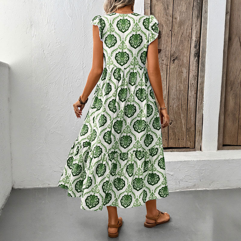 Boho Geometric Print Flutter Sleeve Midi Dress