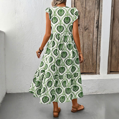 Boho Geometric Print Flutter Sleeve Midi Dress