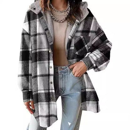 Women's Plaid Flannel Hooded Shacket Jacket