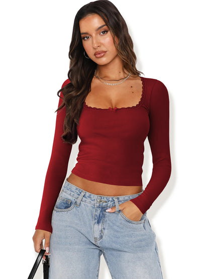 Slim Lace Splicing U-neck Long Sleeve Top - Trendy T-shirt