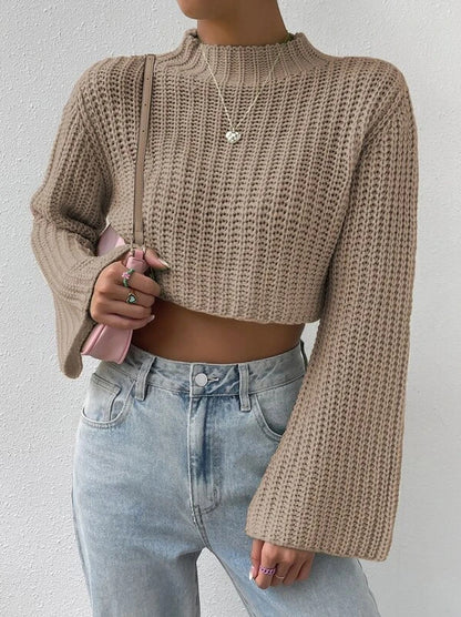 Cropped Mock Neck Bell Sleeve Chunky Knit Sweater