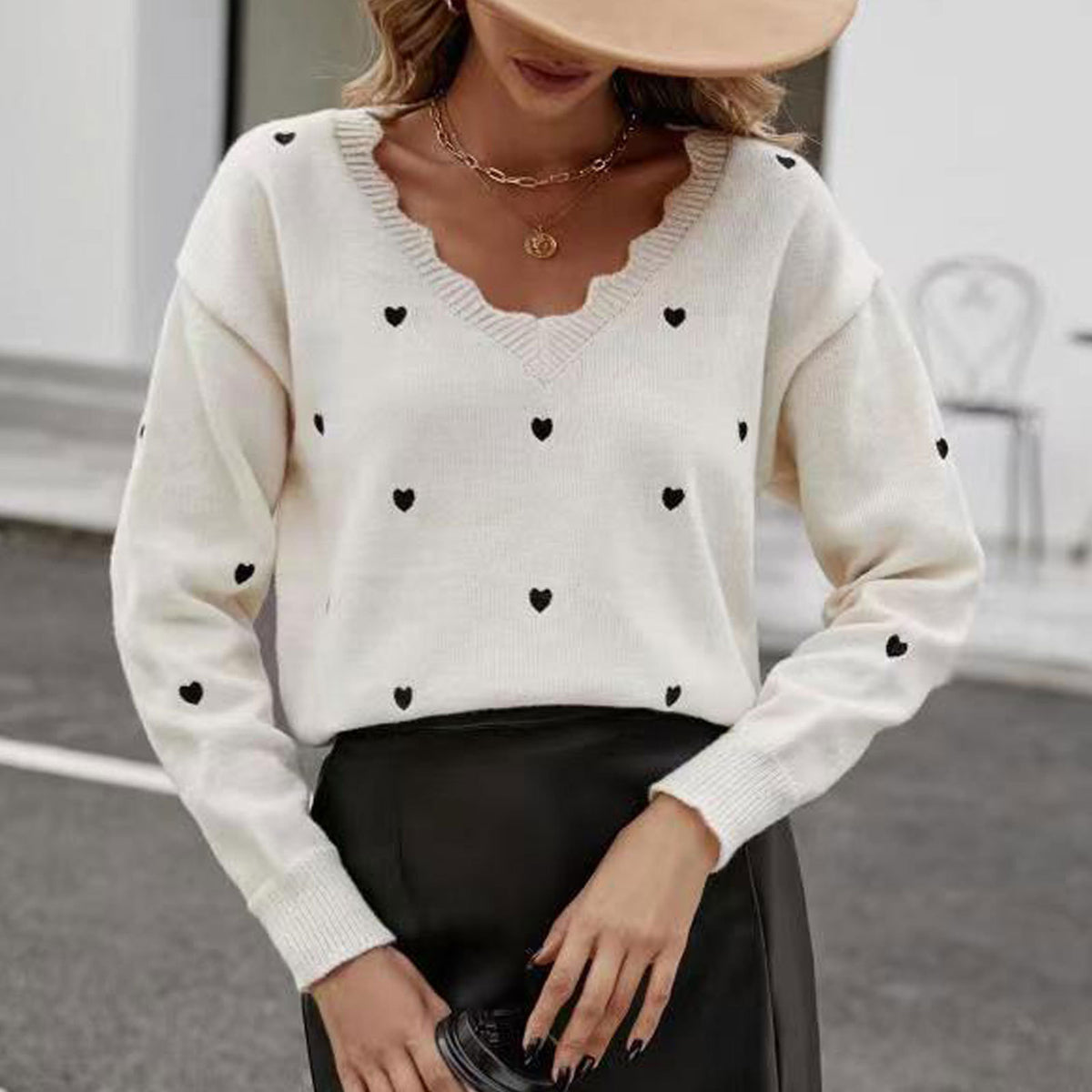 Cute Heart V-Neck Sweater Scalloped Oversized Knit Pullover