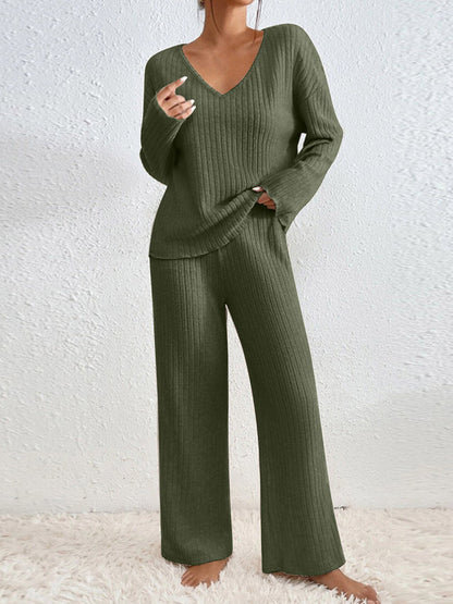 Women's Ribbed Knit Wide Leg Pants Two Piece Lounge Set