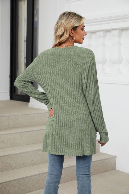 Simple Pocketed Long Sleeve Cardigan Knit Top