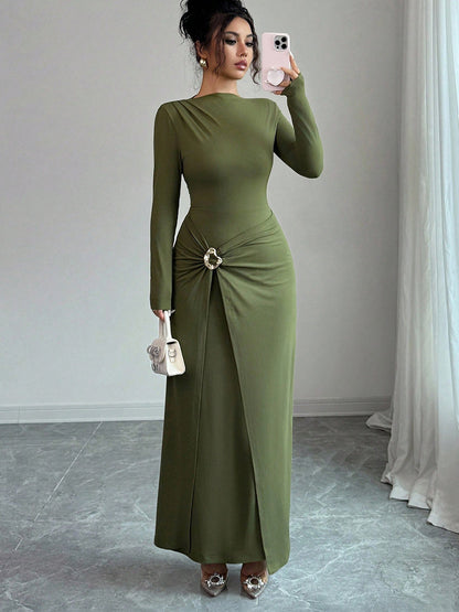 Women's Long Sleeve Bodycon Maxi Dress Knit Ring Detail