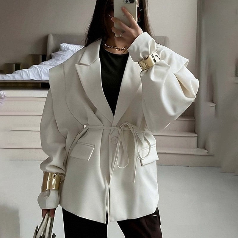 Women's Belted Blazer V-Neck Loose Casual Jacket Coat
