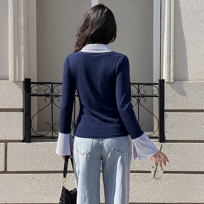 Layered Look V Neck Top Striped Collar Flare Sleeve