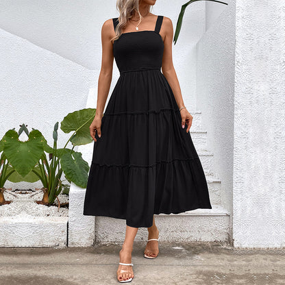 Women's Square Neck Smocked Tiered Midi Summer Dress