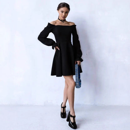 Black Satin Square Neck Puff Sleeve Party Dress