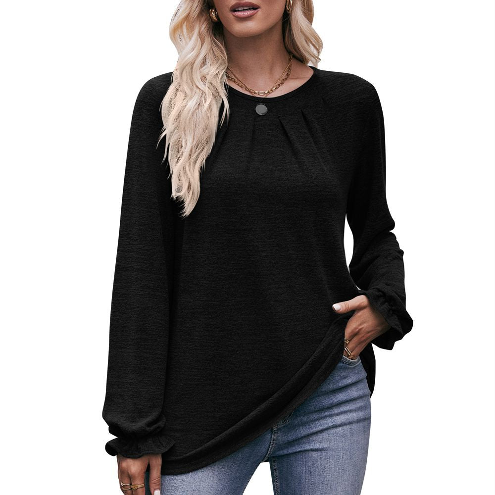 Round Neck Pleated Long Sleeve Brushed Knit Top