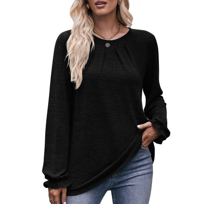 Round Neck Pleated Long Sleeve Brushed Knit Top