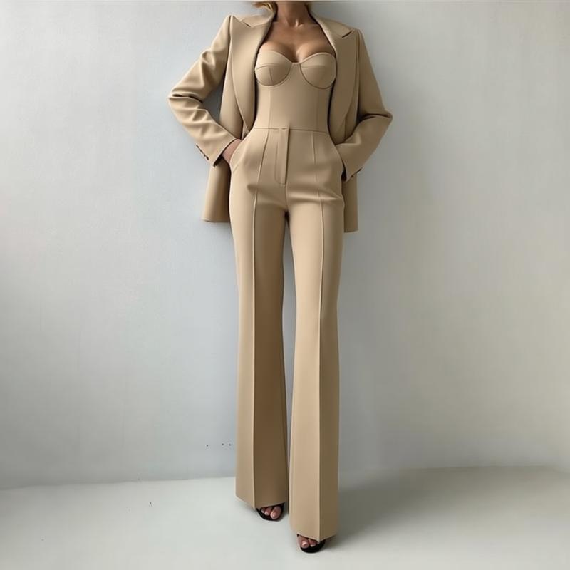 Women's 3 Piece Blazer Bustier Top Wide Leg Pants Set