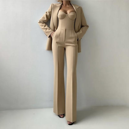 Women's 3 Piece Blazer Bustier Top Wide Leg Pants Set