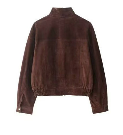 Women Vintage Brown Faux Suede Cropped Bomber Jacket