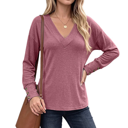 Womens Oversized V Neck Long Sleeve Button Cuff Top