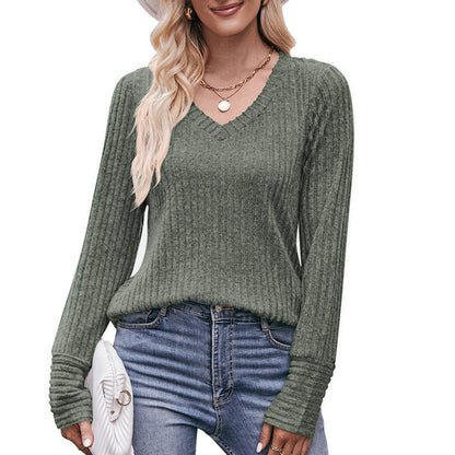 Solid Ribbed V-Neck Long Sleeve Knit Top for Women
