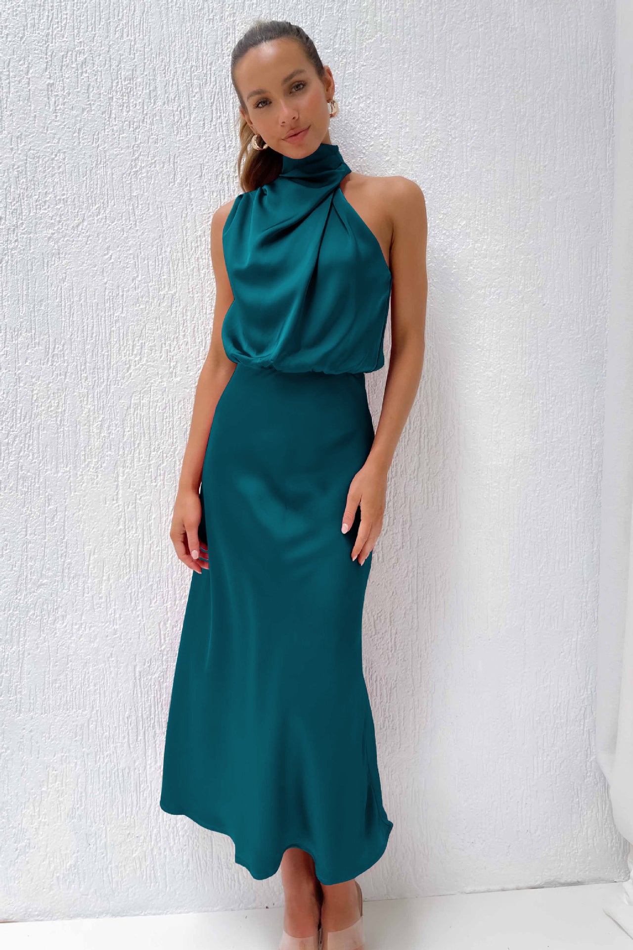 Satin Sleeveless Dress, Elegant Celebrity Evening Dress