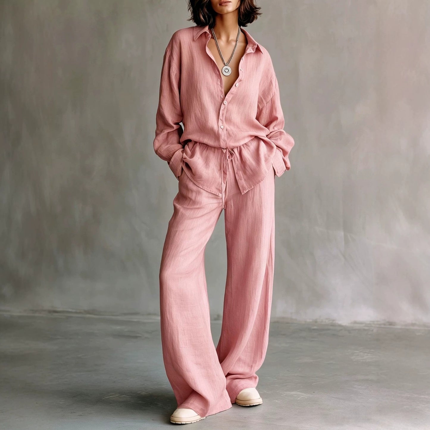 Women's Button Down Shirt Wide Leg Pants Matching Set