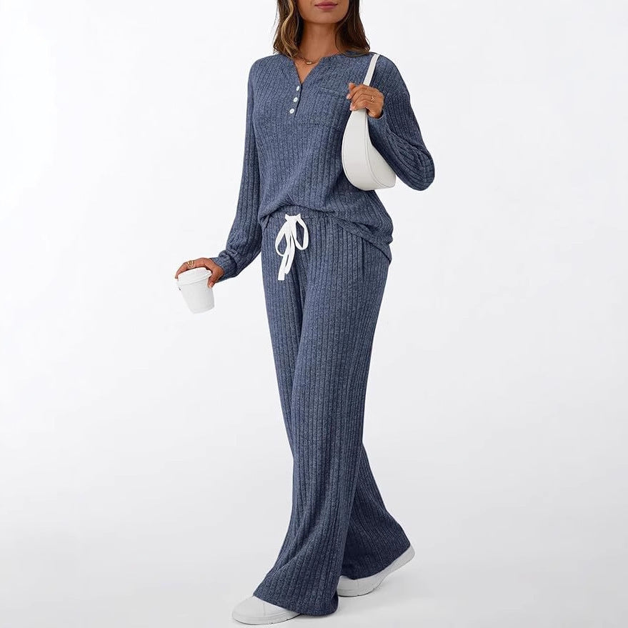Women's Ribbed Henley Lounge Set Wide Leg Pants 2Pc