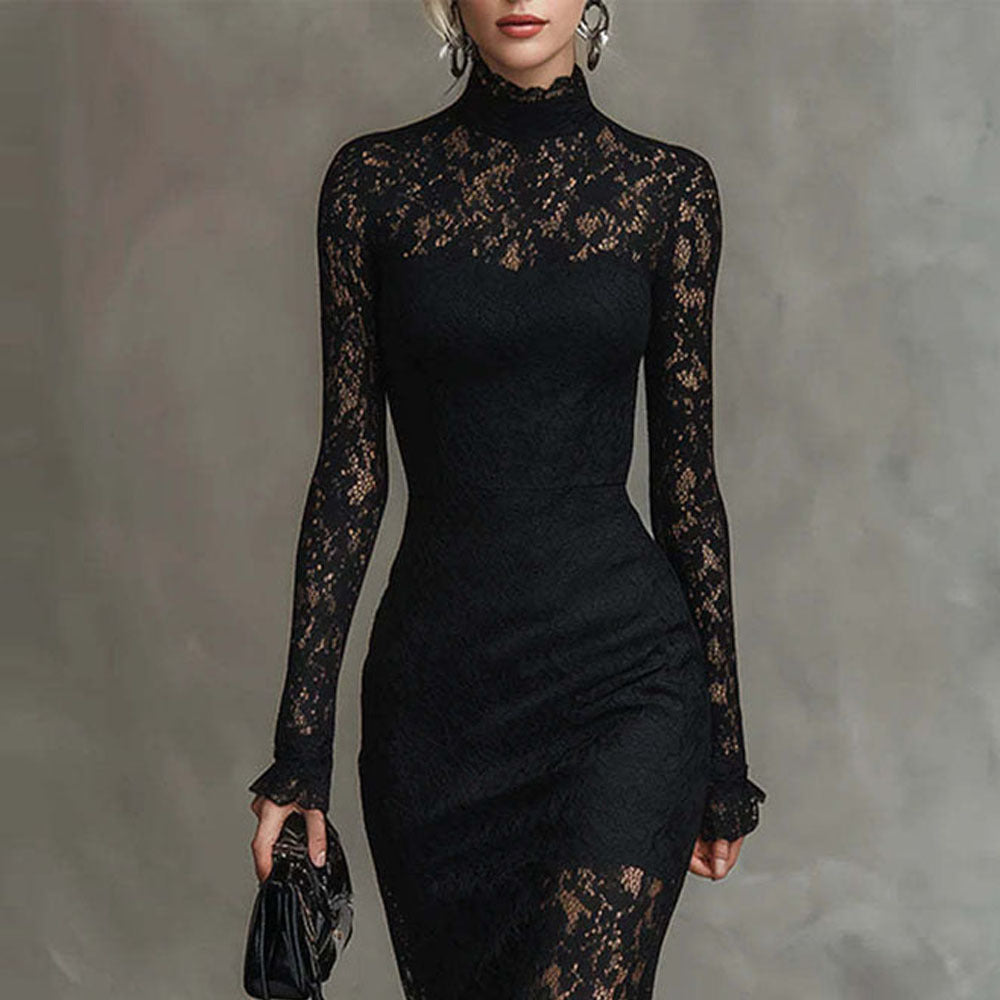Black Lace Long Sleeve Bodycon Evening Maxi Dress