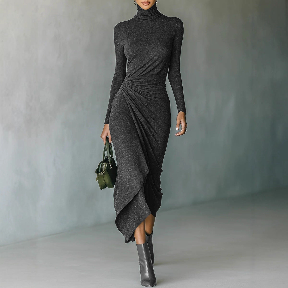 Turtleneck Ruched Long Sleeve Asymmetrical Midi Dress