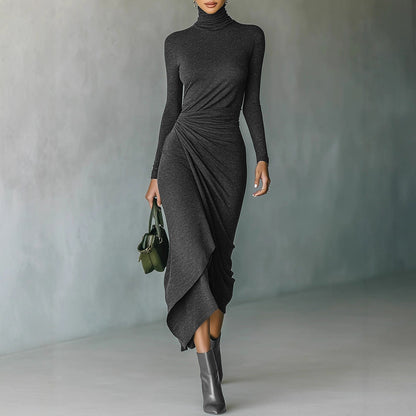 Turtleneck Ruched Long Sleeve Asymmetrical Midi Dress