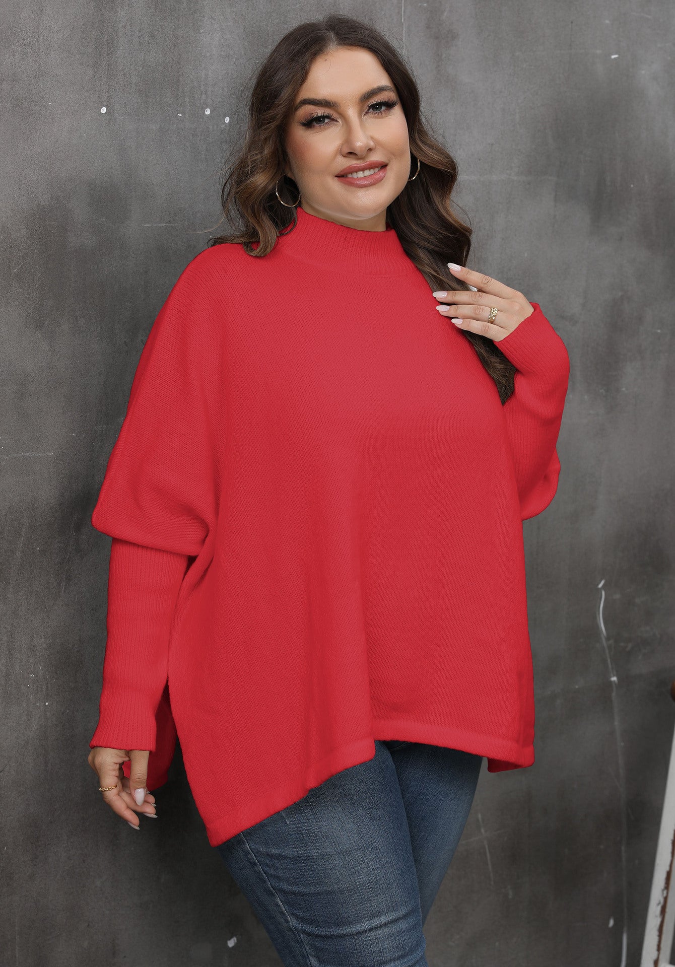 Women's Loose Split Bat Sleeve Semi-turtleneck Sweater