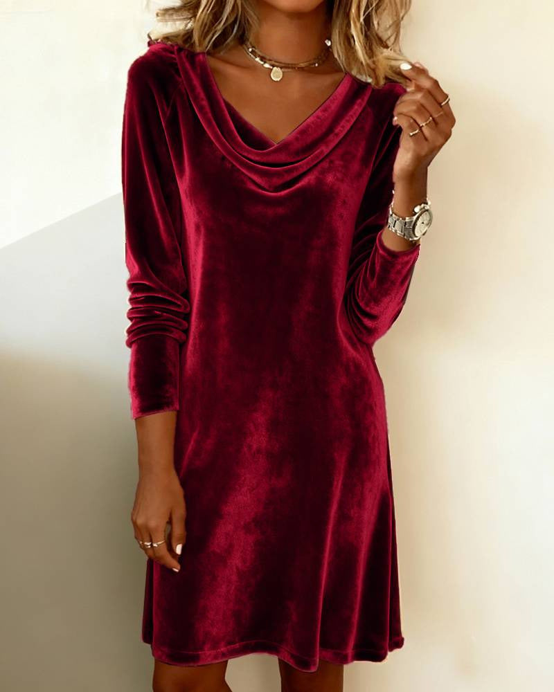 Women's Velvet Cowl Neck Long Sleeve Midi Dress