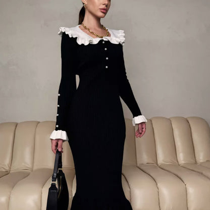 Ruffle Collar Colorblock Knit Bodycon Midi Dress Long Sleeve