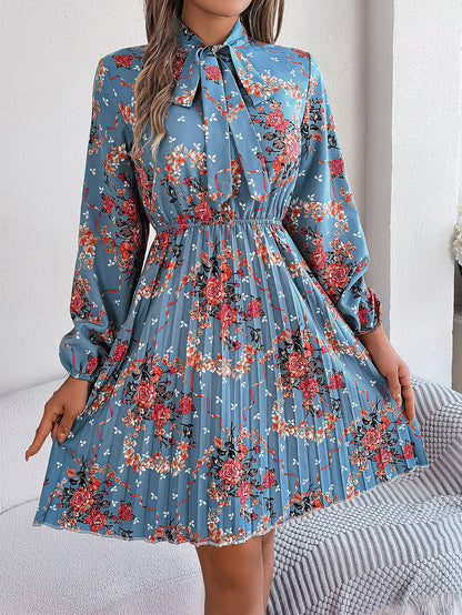 Floral Tie Neck Long Sleeve Pleated Midi Dress