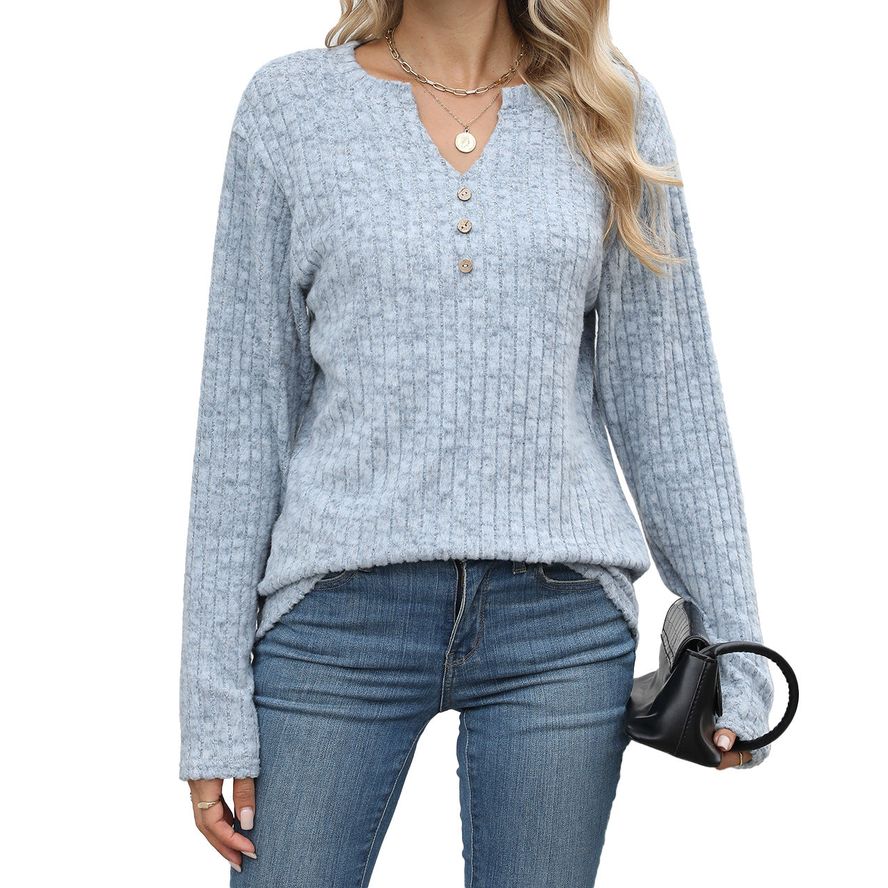 Women's Waffle Knit V Neck Button Long Sleeve Oversized Top